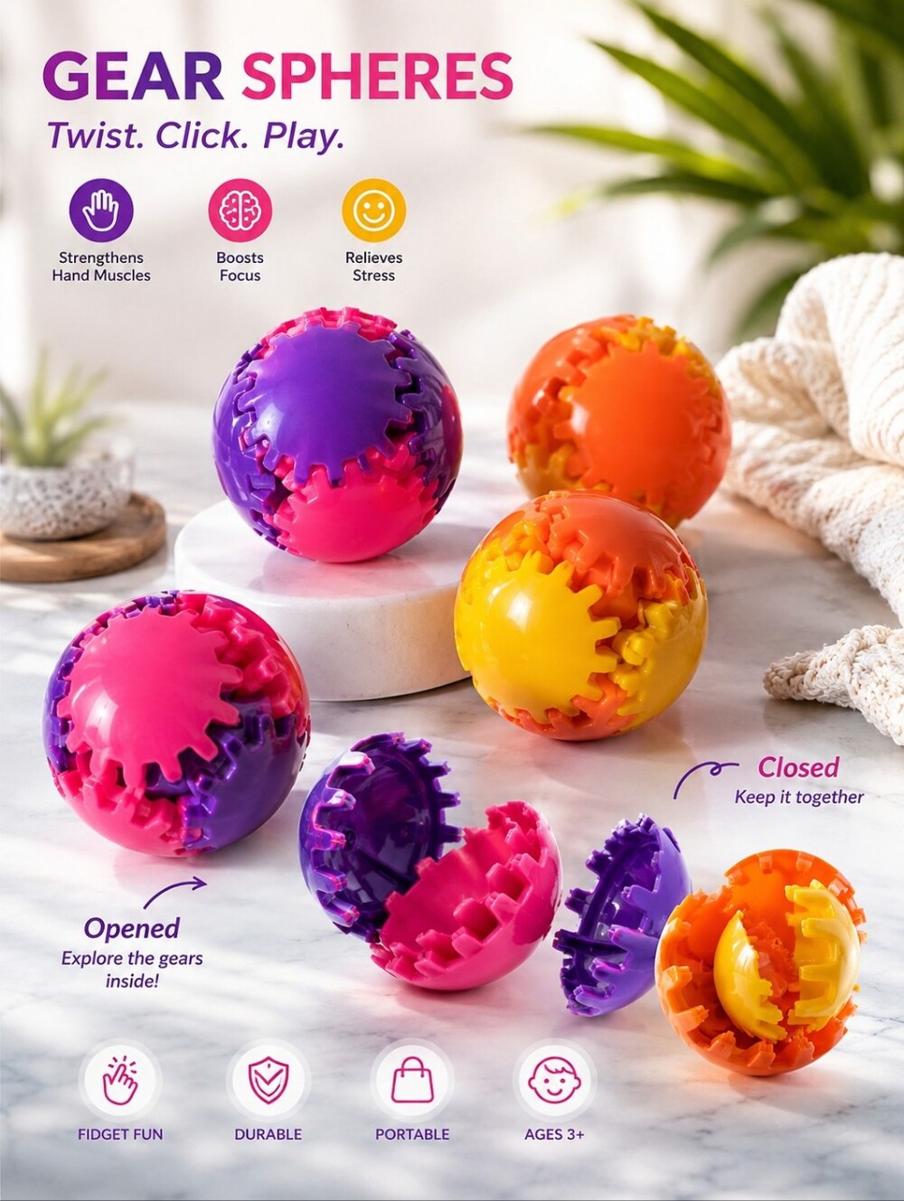 3D GEAR SPHERES SENSORY FIDGET TOYS 4-PC SET